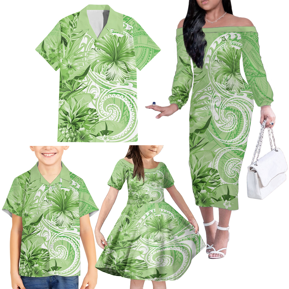 Polynesian Hibiscus Flower Tribal Family Matching Off The Shoulder Long Sleeve Dress and Hawaiian Shirt Lime Green Color LT9 - Polynesian Pride