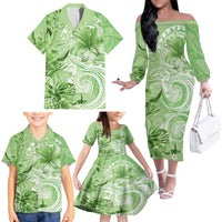 Polynesian Hibiscus Flower Tribal Family Matching Off The Shoulder Long Sleeve Dress and Hawaiian Shirt Lime Green Color LT9 - Polynesian Pride