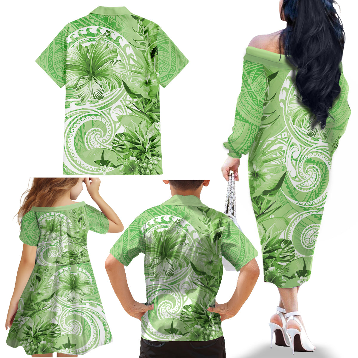 Polynesian Hibiscus Flower Tribal Family Matching Off The Shoulder Long Sleeve Dress and Hawaiian Shirt Lime Green Color LT9 - Polynesian Pride