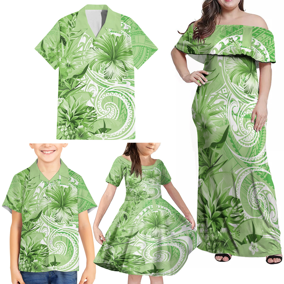 Polynesian Hibiscus Flower Tribal Family Matching Off Shoulder Maxi Dress and Hawaiian Shirt Lime Green Color LT9 - Polynesian Pride
