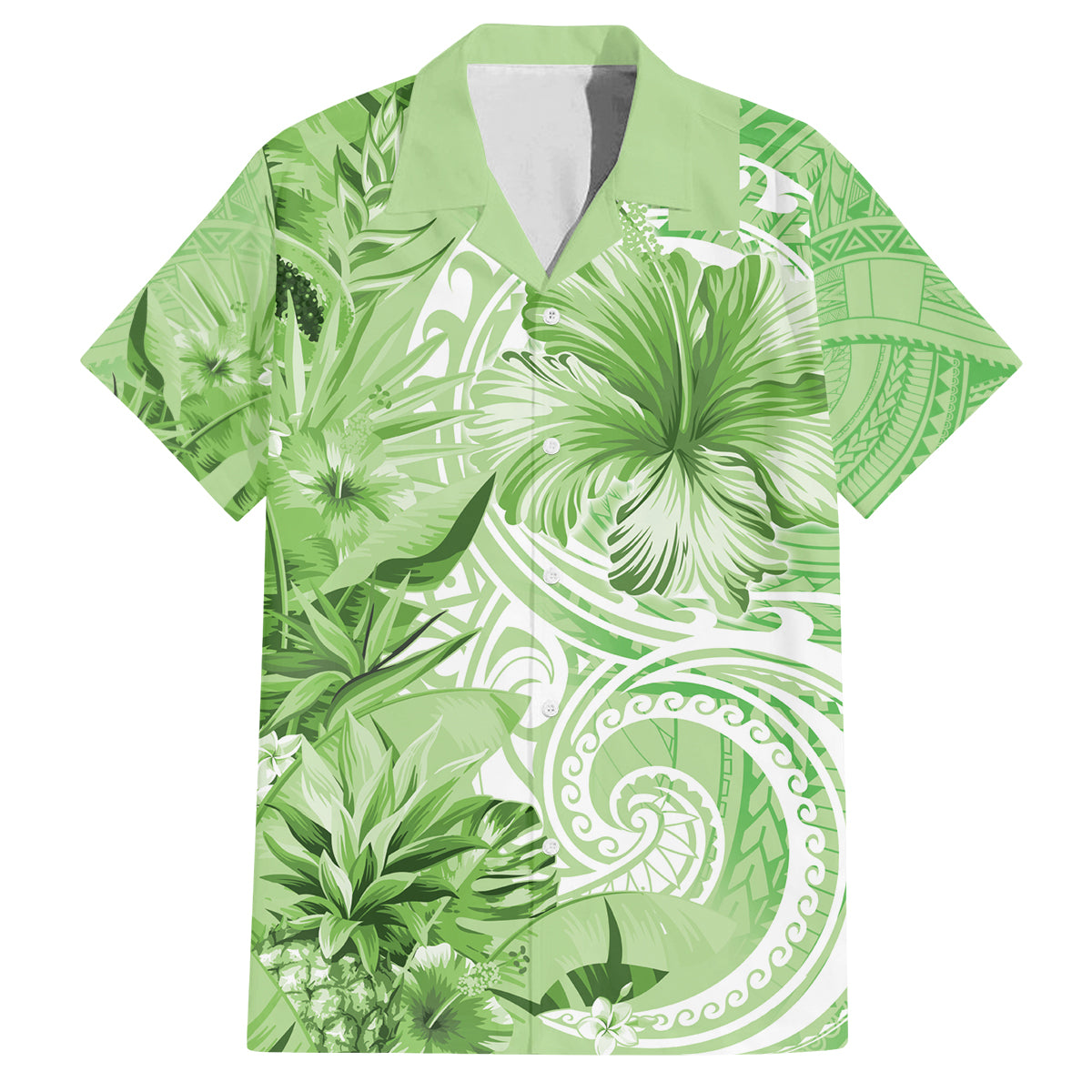 Polynesian Hibiscus Flower Tribal Family Matching Off Shoulder Short Dress and Hawaiian Shirt Lime Green Color LT9 Dad's Shirt - Short Sleeve Lime Green - Polynesian Pride