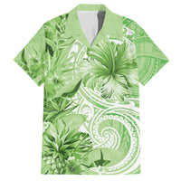 Polynesian Hibiscus Flower Tribal Family Matching Off Shoulder Short Dress and Hawaiian Shirt Lime Green Color LT9 Dad's Shirt - Short Sleeve Lime Green - Polynesian Pride