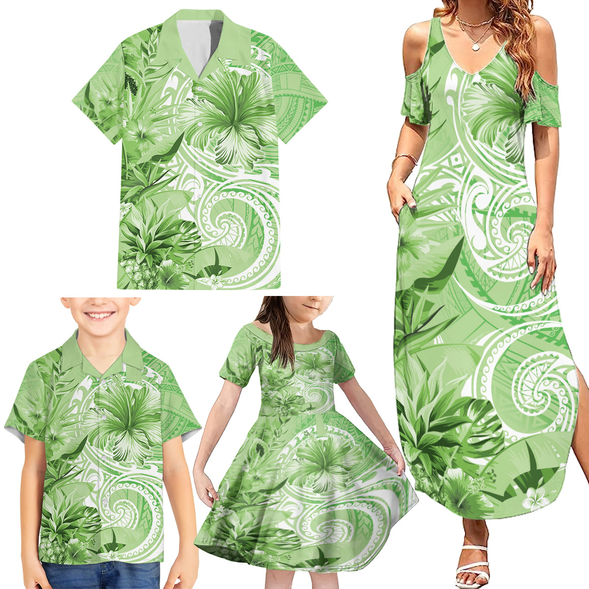 Polynesian Hibiscus Flower Tribal Family Matching Summer Maxi Dress and Hawaiian Shirt Lime Green Color LT9 - Polynesian Pride