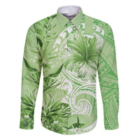 Polynesian Hibiscus Flower Tribal Family Matching Summer Maxi Dress and Hawaiian Shirt Lime Green Color LT9 Dad's Shirt - Long Sleeve Lime Green - Polynesian Pride
