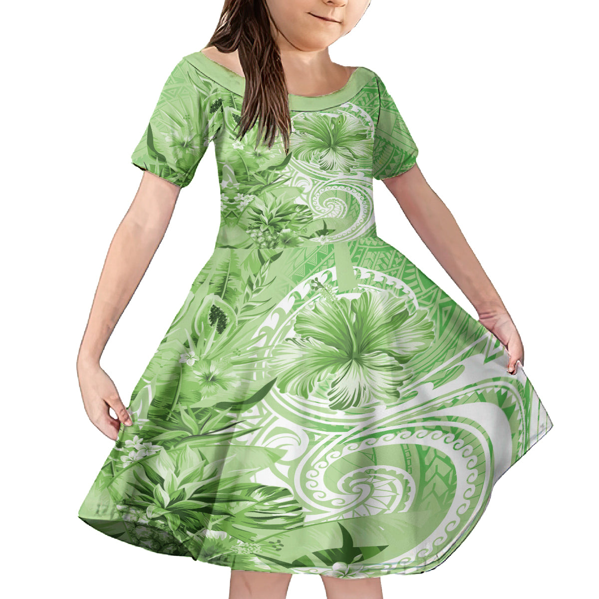 Polynesian Hibiscus Flower Tribal Family Matching Tank Maxi Dress and Hawaiian Shirt Lime Green Color LT9 Daughter's Dress Lime Green - Polynesian Pride