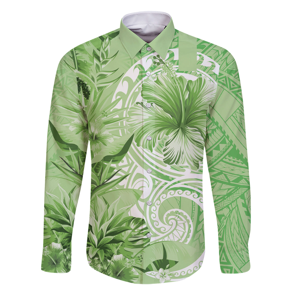 Polynesian Hibiscus Flower Tribal Family Matching Tank Maxi Dress and Hawaiian Shirt Lime Green Color LT9 Dad's Shirt - Long Sleeve Lime Green - Polynesian Pride