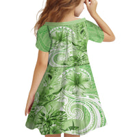 Polynesian Hibiscus Flower Tribal Kid Short Sleeve Dress Lime Green Color