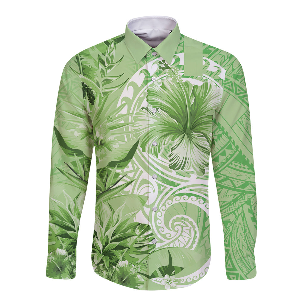 Polynesian Hibiscus Flower Tribal Long Sleeve Button Shirt Lime Green Color LT9 Unisex Lime Green - Polynesian Pride
