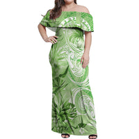 Polynesian Hibiscus Flower Tribal Off Shoulder Maxi Dress Lime Green Color