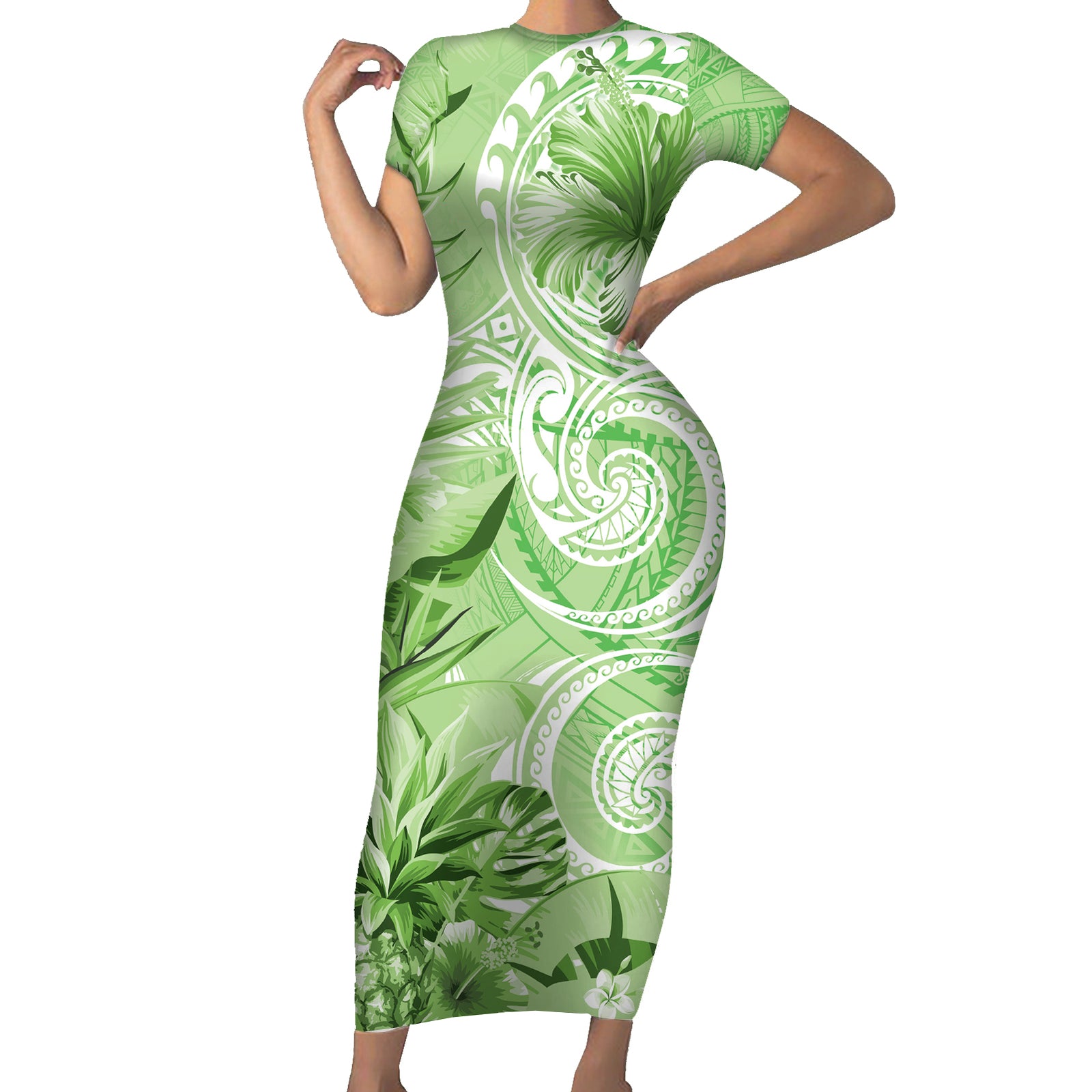Polynesian Hibiscus Flower Tribal Short Sleeve Bodycon Dress Lime Green Color LT9 Long Dress Lime Green - Polynesian Pride