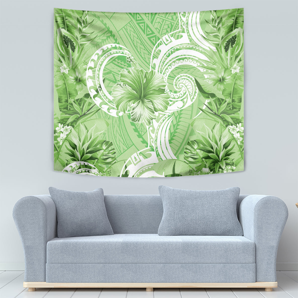 Polynesian Hibiscus Flower Tribal Tapestry Lime Green Color