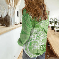 Polynesian Hibiscus Flower Tribal Women Casual Shirt Lime Green Color