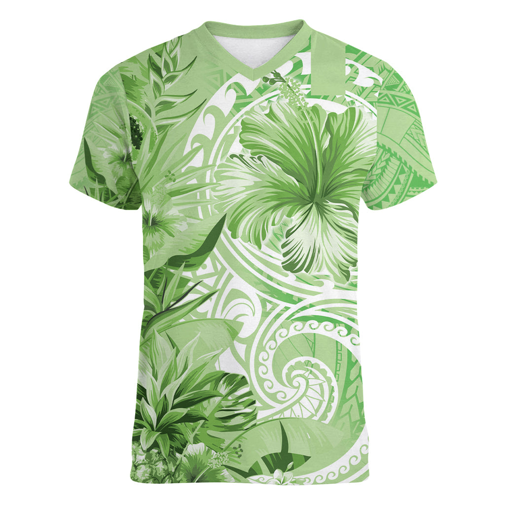 Polynesian Hibiscus Flower Tribal Women V Neck T Shirt Lime Green Color