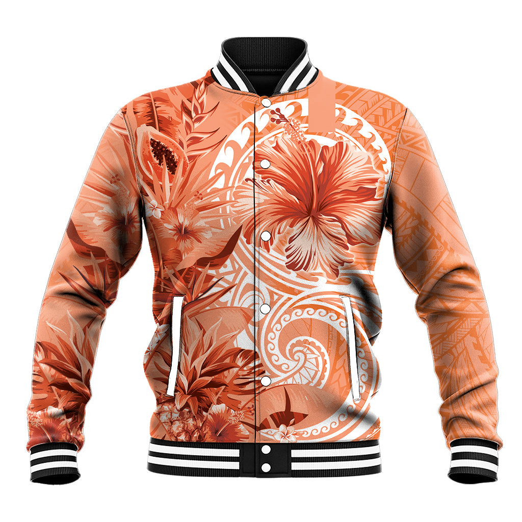Polynesian Hibiscus Flower Tribal Baseball Jacket Peach Color LT9 Unisex Peach - Polynesian Pride