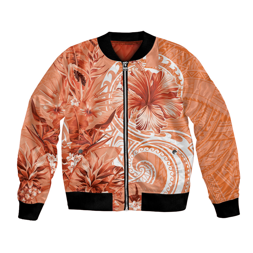 Polynesian Hibiscus Flower Tribal Bomber Jacket Peach Color LT9 Unisex Peach - Polynesian Pride