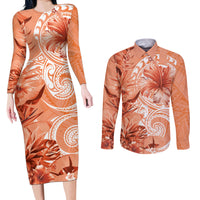 Polynesian Hibiscus Flower Tribal Couples Matching Long Sleeve Bodycon Dress and Long Sleeve Button Shirt Peach Color
