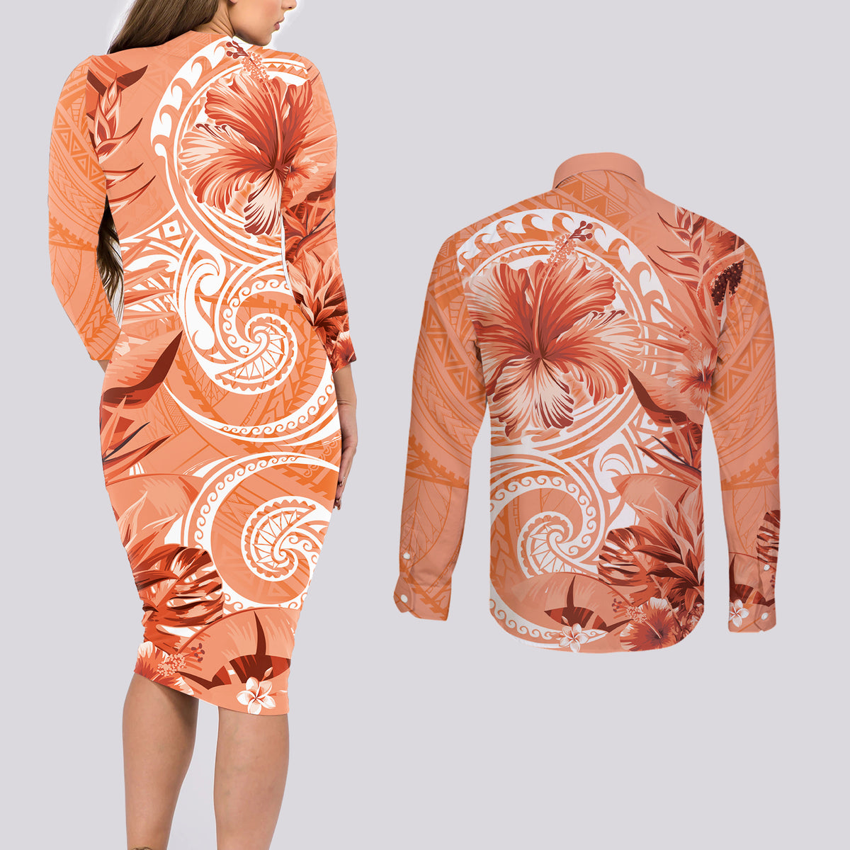Polynesian Hibiscus Flower Tribal Couples Matching Long Sleeve Bodycon Dress and Long Sleeve Button Shirt Peach Color