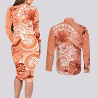 Polynesian Hibiscus Flower Tribal Couples Matching Long Sleeve Bodycon Dress and Long Sleeve Button Shirt Peach Color