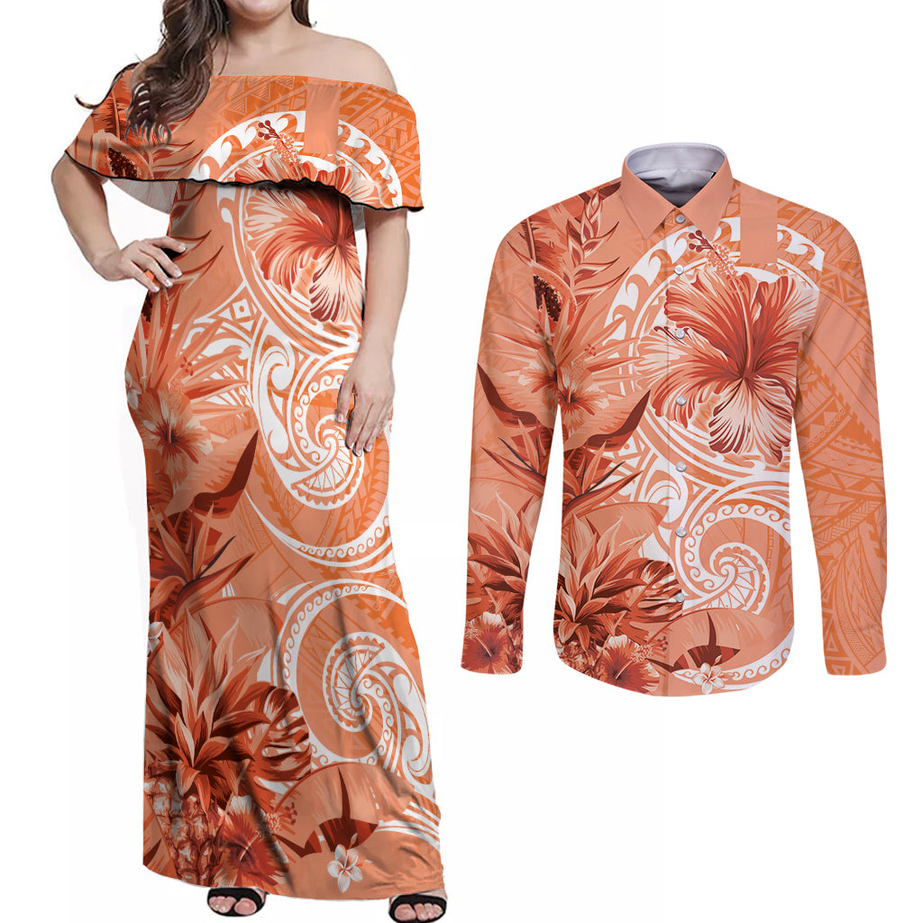 Polynesian Hibiscus Flower Tribal Couples Matching Off Shoulder Maxi Dress and Long Sleeve Button Shirt Peach Color