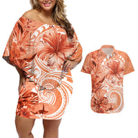 Polynesian Hibiscus Flower Tribal Couples Matching Off Shoulder Short Dress and Hawaiian Shirt Peach Color