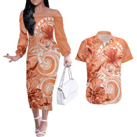 Polynesian Hibiscus Flower Tribal Couples Matching Off The Shoulder Long Sleeve Dress and Hawaiian Shirt Peach Color LT9 Peach - Polynesian Pride