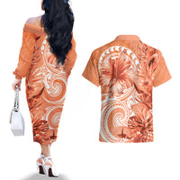 Polynesian Hibiscus Flower Tribal Couples Matching Off The Shoulder Long Sleeve Dress and Hawaiian Shirt Peach Color LT9 - Polynesian Pride