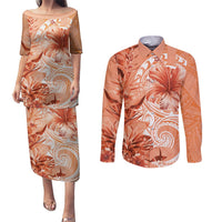 Polynesian Hibiscus Flower Tribal Couples Matching Puletasi and Long Sleeve Button Shirt Peach Color
