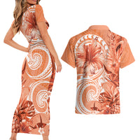 Polynesian Hibiscus Flower Tribal Couples Matching Short Sleeve Bodycon Dress and Hawaiian Shirt Peach Color LT9 - Polynesian Pride