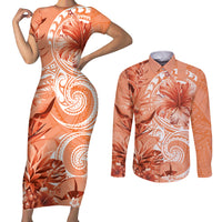 Polynesian Hibiscus Flower Tribal Couples Matching Short Sleeve Bodycon Dress and Long Sleeve Button Shirt Peach Color
