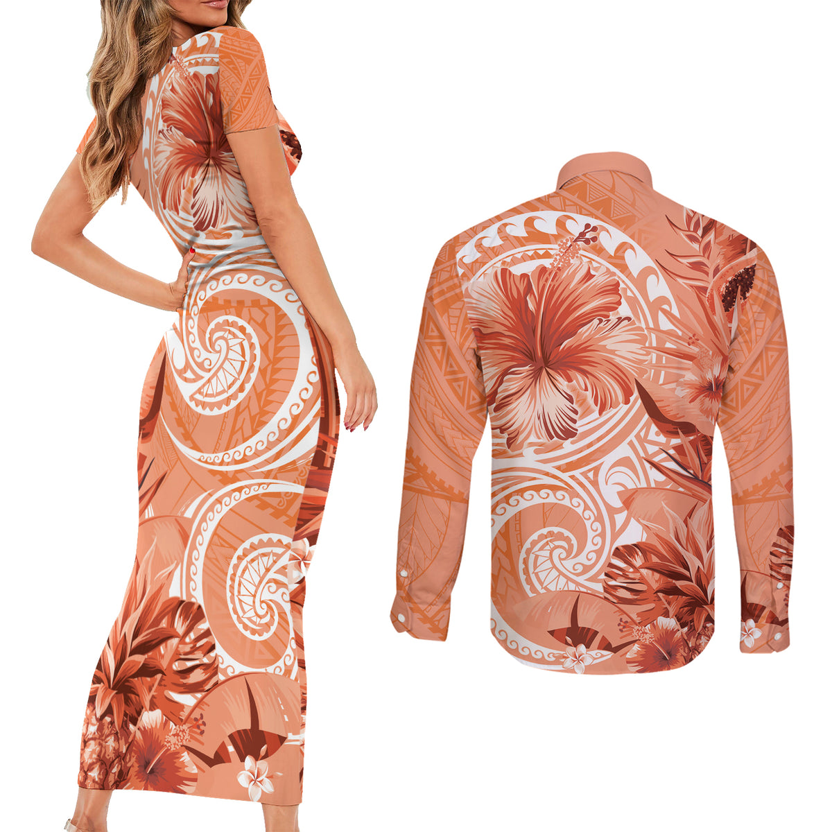 Polynesian Hibiscus Flower Tribal Couples Matching Short Sleeve Bodycon Dress and Long Sleeve Button Shirt Peach Color
