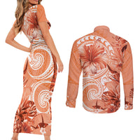 Polynesian Hibiscus Flower Tribal Couples Matching Short Sleeve Bodycon Dress and Long Sleeve Button Shirt Peach Color