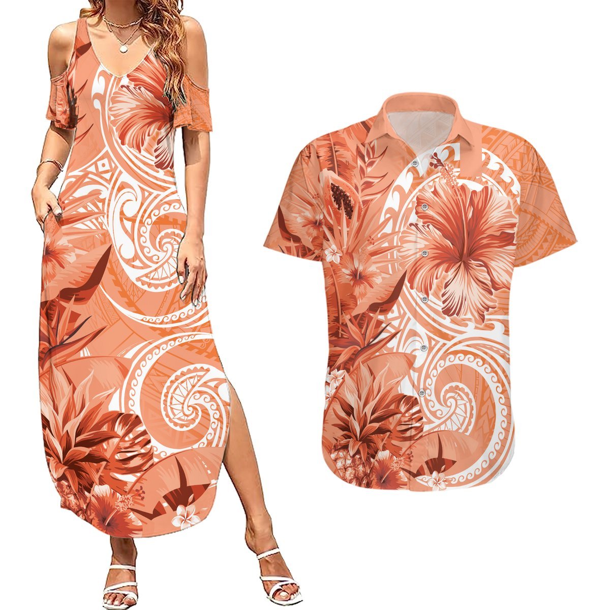 Polynesian Hibiscus Flower Tribal Couples Matching Summer Maxi Dress and Hawaiian Shirt Peach Color LT9 Peach - Polynesian Pride