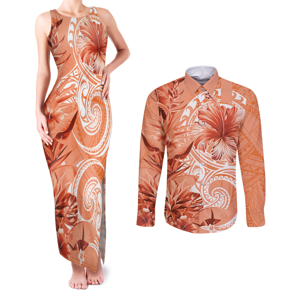 Polynesian Hibiscus Flower Tribal Couples Matching Tank Maxi Dress and Long Sleeve Button Shirt Peach Color