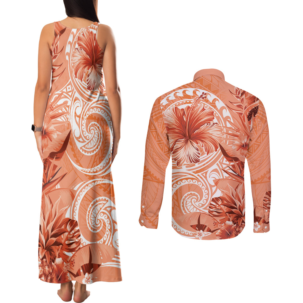 Polynesian Hibiscus Flower Tribal Couples Matching Tank Maxi Dress and Long Sleeve Button Shirt Peach Color