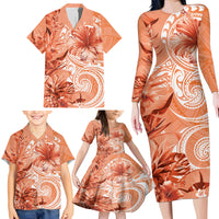 Polynesian Hibiscus Flower Tribal Family Matching Long Sleeve Bodycon Dress and Hawaiian Shirt Peach Color LT9 - Polynesian Pride