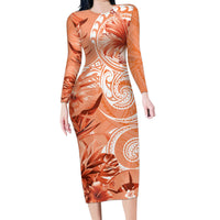 Polynesian Hibiscus Flower Tribal Family Matching Long Sleeve Bodycon Dress and Hawaiian Shirt Peach Color LT9 Mom's Dress Peach - Polynesian Pride