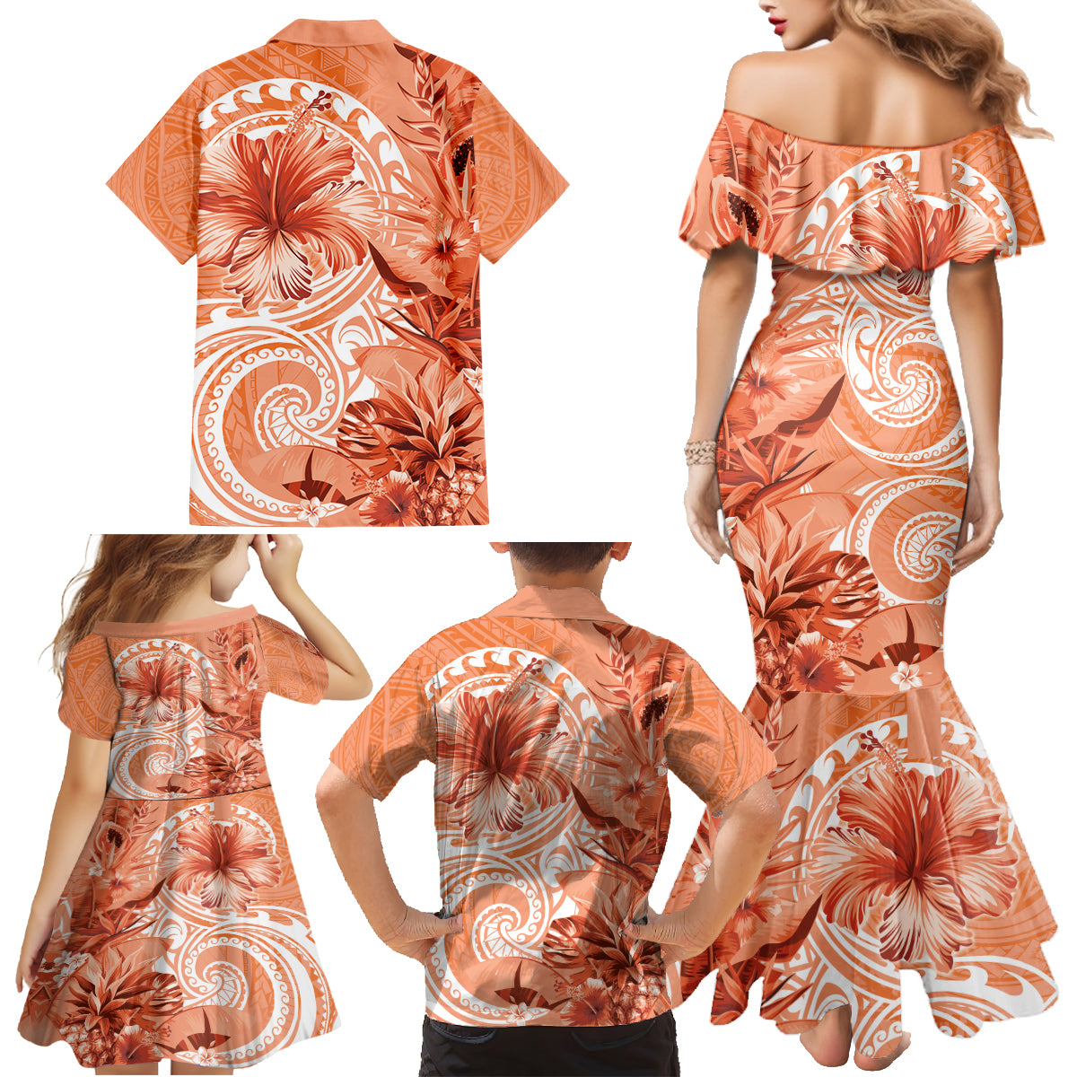 Polynesian Hibiscus Flower Tribal Family Matching Mermaid Dress and Hawaiian Shirt Peach Color LT9 - Polynesian Pride