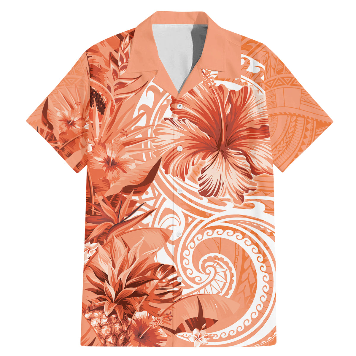 Polynesian Hibiscus Flower Tribal Family Matching Mermaid Dress and Hawaiian Shirt Peach Color LT9 Dad's Shirt - Short Sleeve Peach - Polynesian Pride