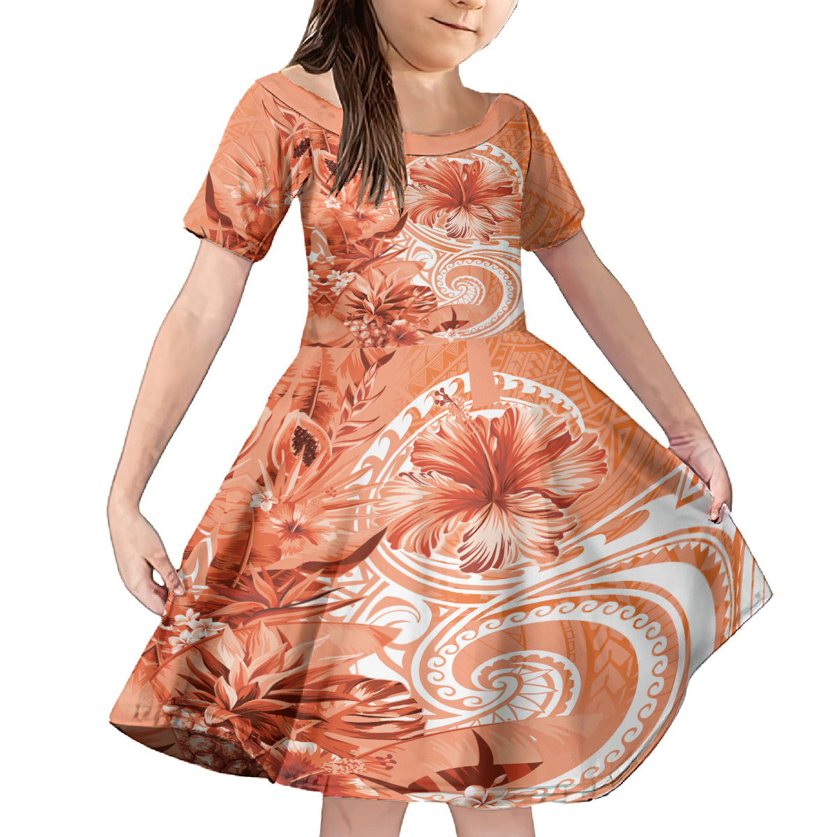 Polynesian Hibiscus Flower Tribal Family Matching Off The Shoulder Long Sleeve Dress and Hawaiian Shirt Peach Color LT9 Daughter's Dress Peach - Polynesian Pride