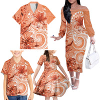 Polynesian Hibiscus Flower Tribal Family Matching Off The Shoulder Long Sleeve Dress and Hawaiian Shirt Peach Color LT9 - Polynesian Pride