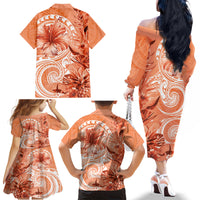 Polynesian Hibiscus Flower Tribal Family Matching Off The Shoulder Long Sleeve Dress and Hawaiian Shirt Peach Color LT9 - Polynesian Pride