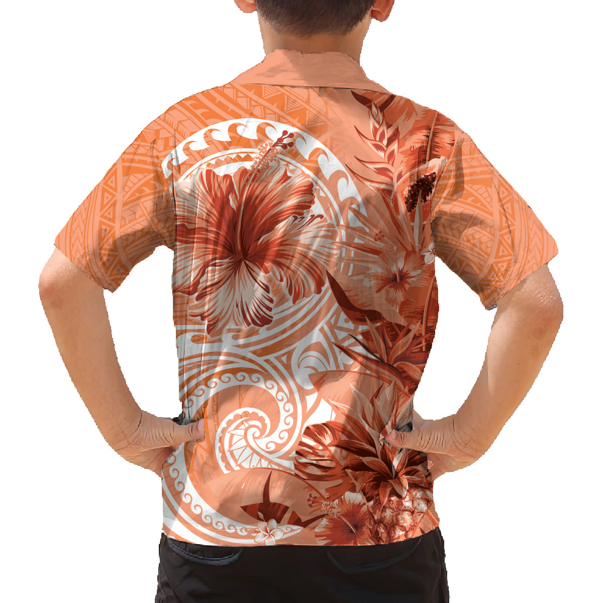 Polynesian Hibiscus Flower Tribal Family Matching Off Shoulder Short Dress and Hawaiian Shirt Peach Color LT9 - Polynesian Pride