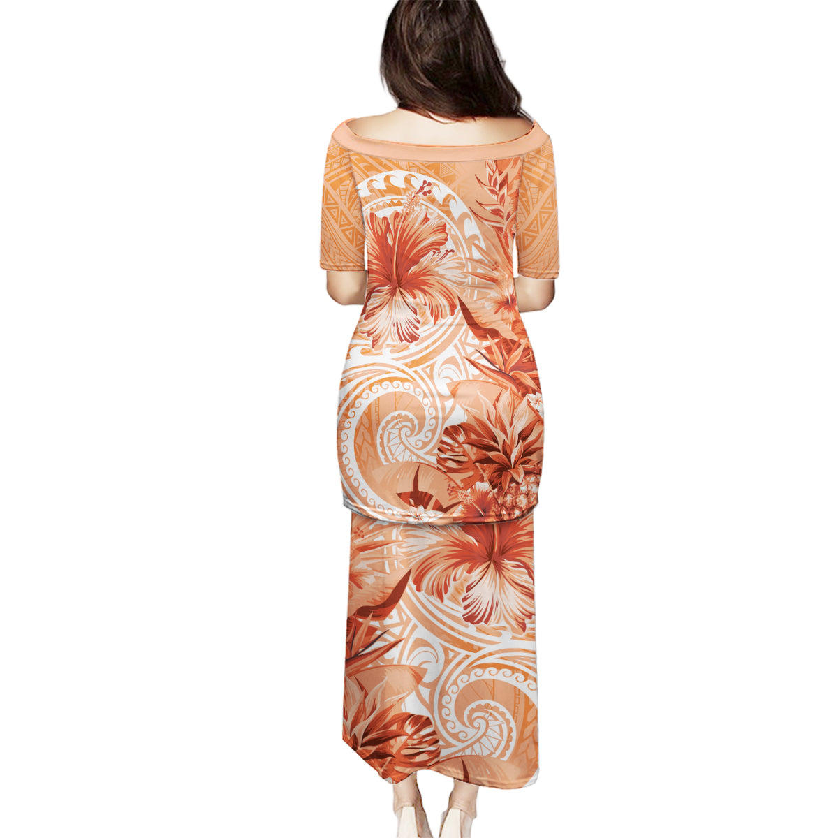 Polynesian Hibiscus Flower Tribal Family Matching Puletasi and Hawaiian Shirt Peach Color LT9 - Polynesian Pride