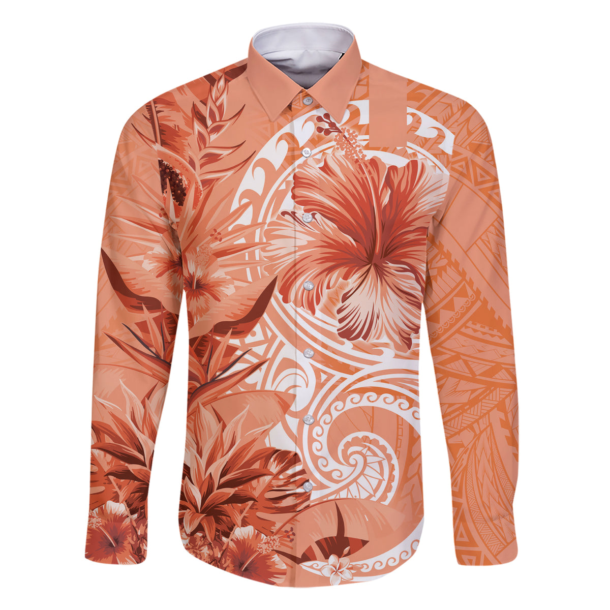 Polynesian Hibiscus Flower Tribal Family Matching Short Sleeve Bodycon Dress and Hawaiian Shirt Peach Color LT9 Dad's Shirt - Long Sleeve Peach - Polynesian Pride