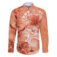 Polynesian Hibiscus Flower Tribal Family Matching Short Sleeve Bodycon Dress and Hawaiian Shirt Peach Color LT9 Dad's Shirt - Long Sleeve Peach - Polynesian Pride