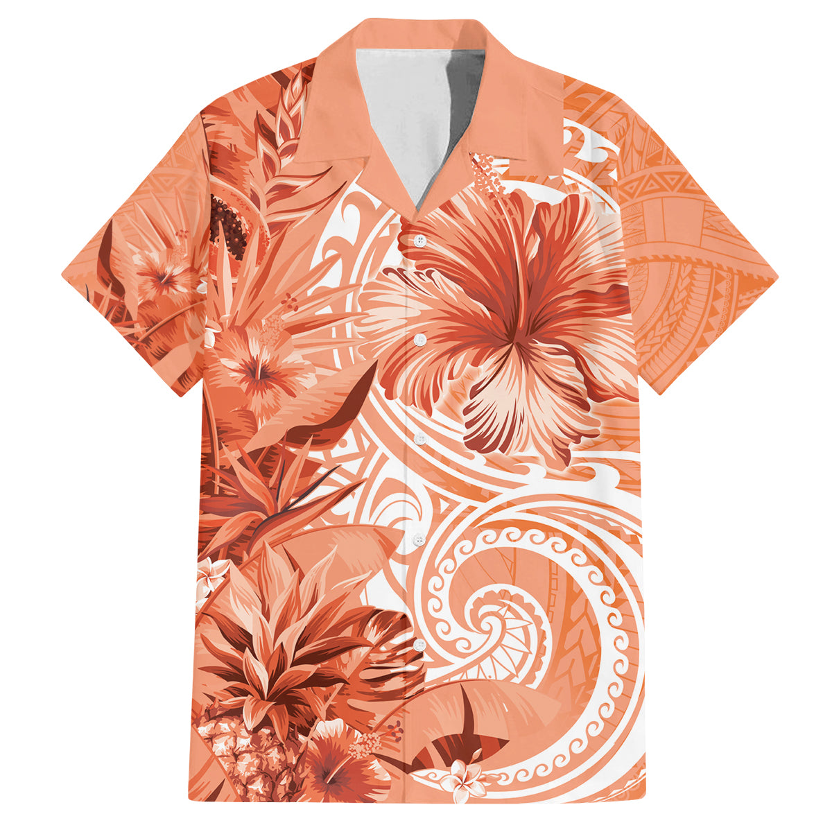 Polynesian Hibiscus Flower Tribal Family Matching Summer Maxi Dress and Hawaiian Shirt Peach Color LT9 Dad's Shirt - Short Sleeve Peach - Polynesian Pride
