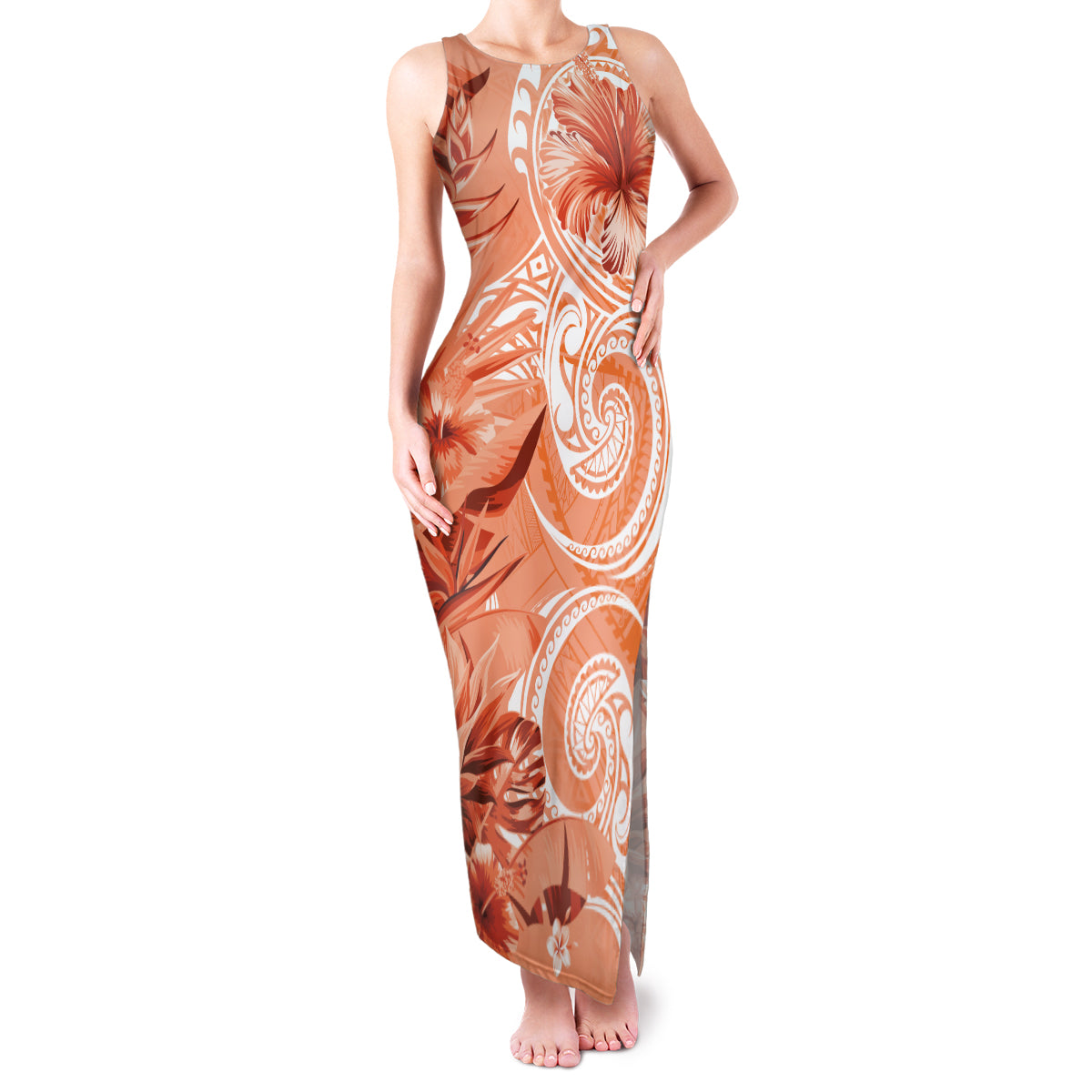 Polynesian Hibiscus Flower Tribal Family Matching Tank Maxi Dress and Hawaiian Shirt Peach Color LT9 Mom's Dress Peach - Polynesian Pride