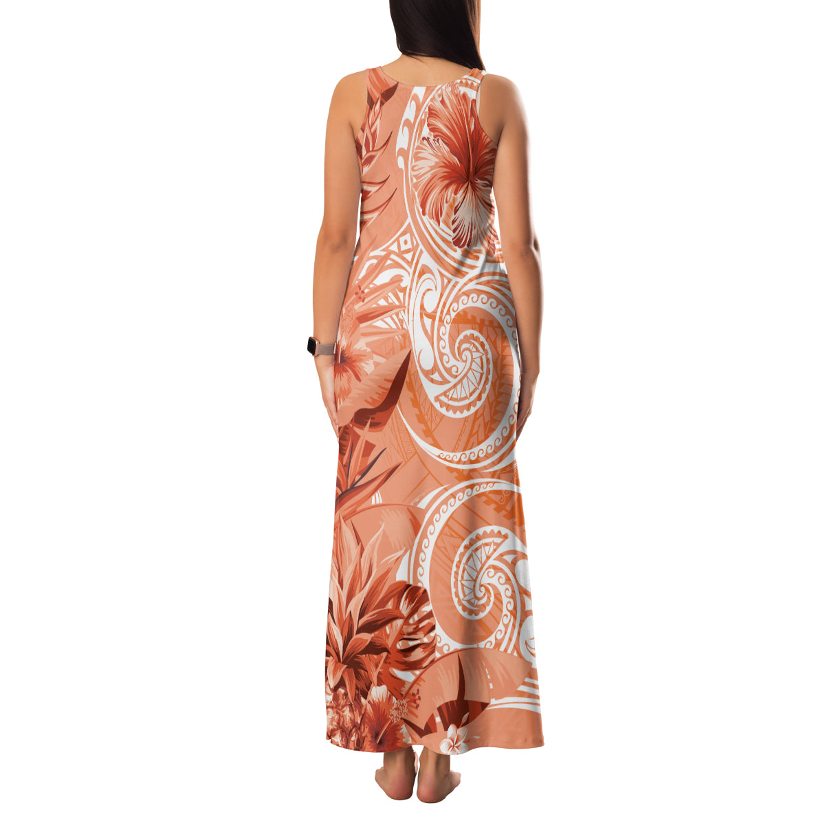 Polynesian Hibiscus Flower Tribal Family Matching Tank Maxi Dress and Hawaiian Shirt Peach Color LT9 - Polynesian Pride