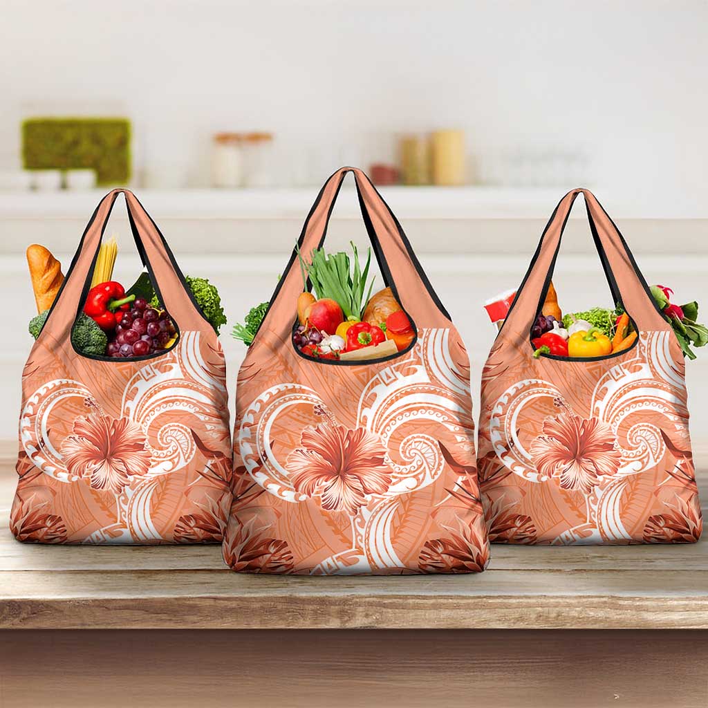 Polynesian Hibiscus Flower Tribal Grocery Bag Peach Color
