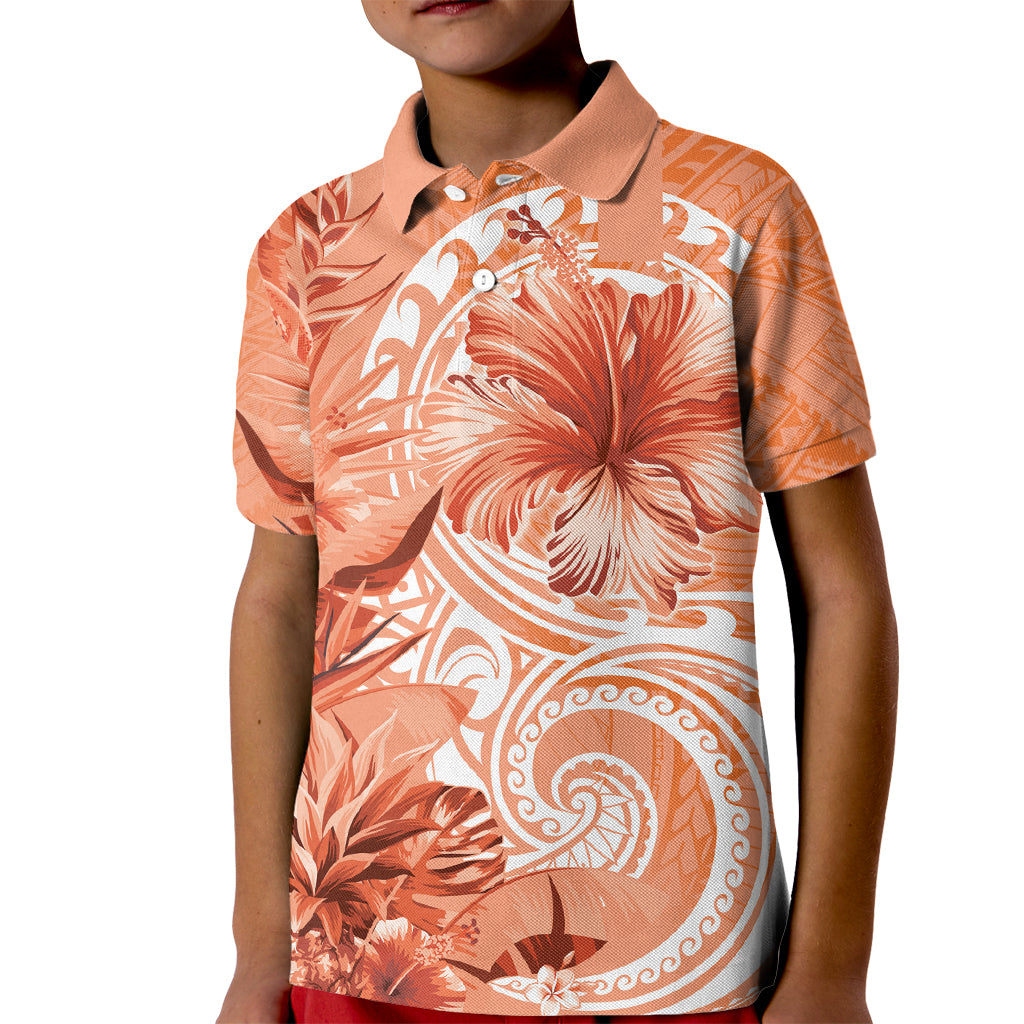 Polynesian Hibiscus Flower Tribal Kid Polo Shirt Peach Color